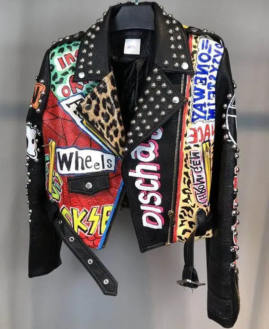 Autumn spring Locomotive graffiti cartoon pu Leather Jacket female Punk Style was thin Motorcyle Jackets Coat with belt F1962 SS69 99.69 picture / XXL