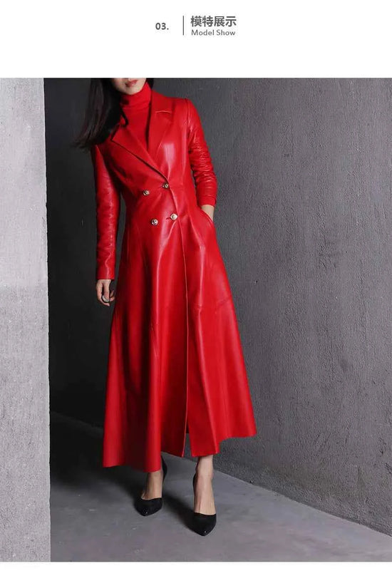 Lautaro Autumn Long Skirted Red Black Faux Leather Trench Coat for Women Double Breasted Elegant Luxury Fashion 4xl 5xl 6xl 7xl