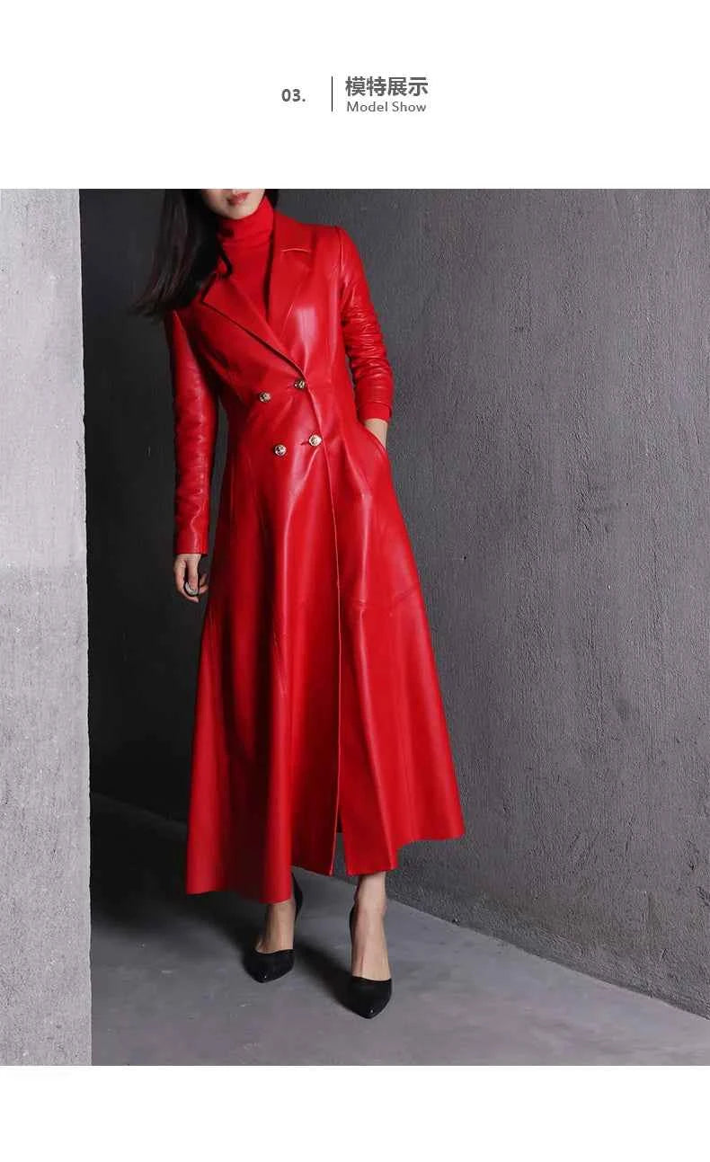 Lautaro Autumn Long Skirted Red Black Faux Leather Trench Coat for Women Double Breasted Elegant Luxury Fashion 4xl 5xl 6xl 7xl