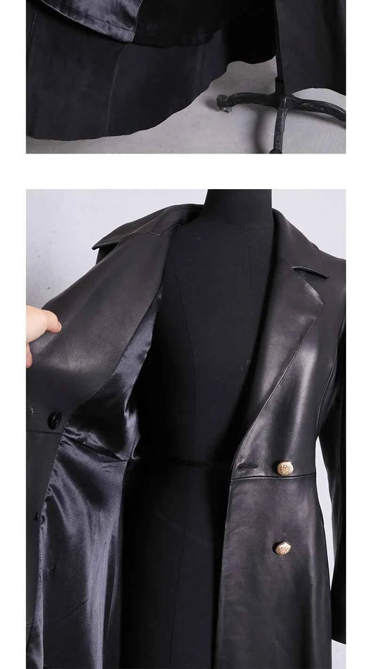 Lautaro Autumn Long Skirted Red Black Faux Leather Trench Coat for Women Double Breasted Elegant Luxury Fashion 4xl 5xl 6xl 7xl