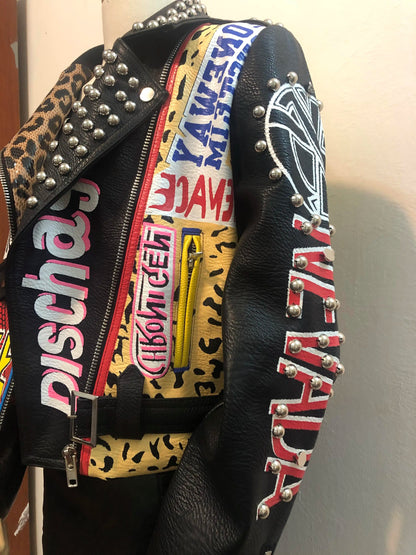 Autumn spring Locomotive graffiti cartoon pu Leather Jacket female Punk Style was thin Motorcyle Jackets Coat with belt F1962 SS69