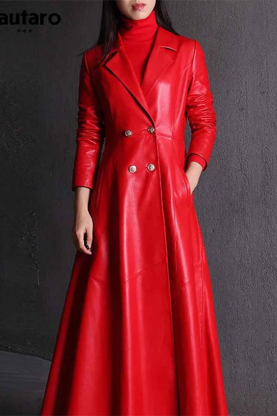 Lautaro Autumn Long Skirted Red Black Faux Leather Trench Coat for Women Double Breasted Elegant Luxury Fashion 4xl 5xl 6xl 7xl