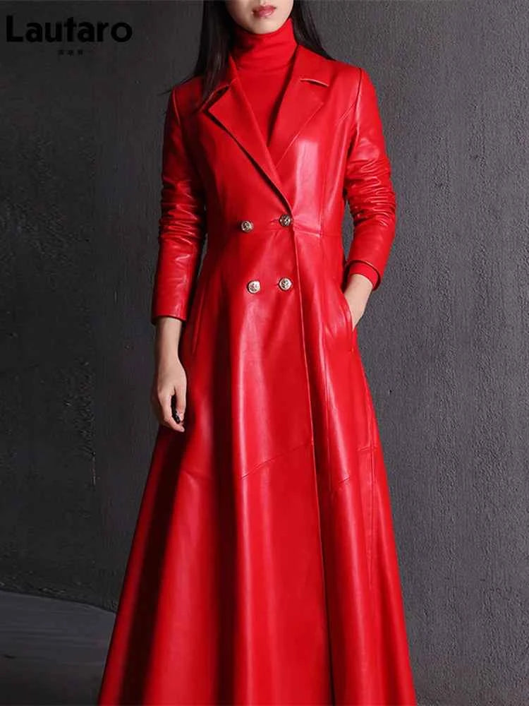 Lautaro Autumn Long Skirted Red Black Faux Leather Trench Coat for Women Double Breasted Elegant Luxury Fashion 4xl 5xl 6xl 7xl