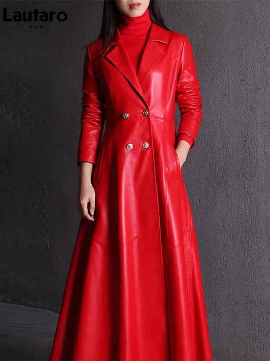 Lautaro Autumn Long Skirted Red Black Faux Leather Trench Coat for Women Double Breasted Elegant Luxury Fashion 4xl 5xl 6xl 7xl