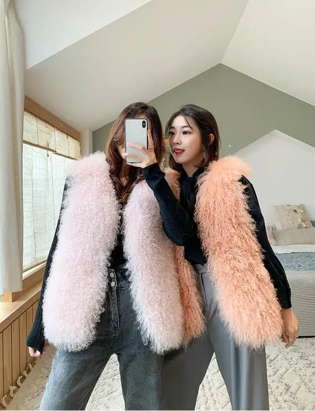 Real Mongolia Sheep Fur Vest - Natural Long Fur Gilet