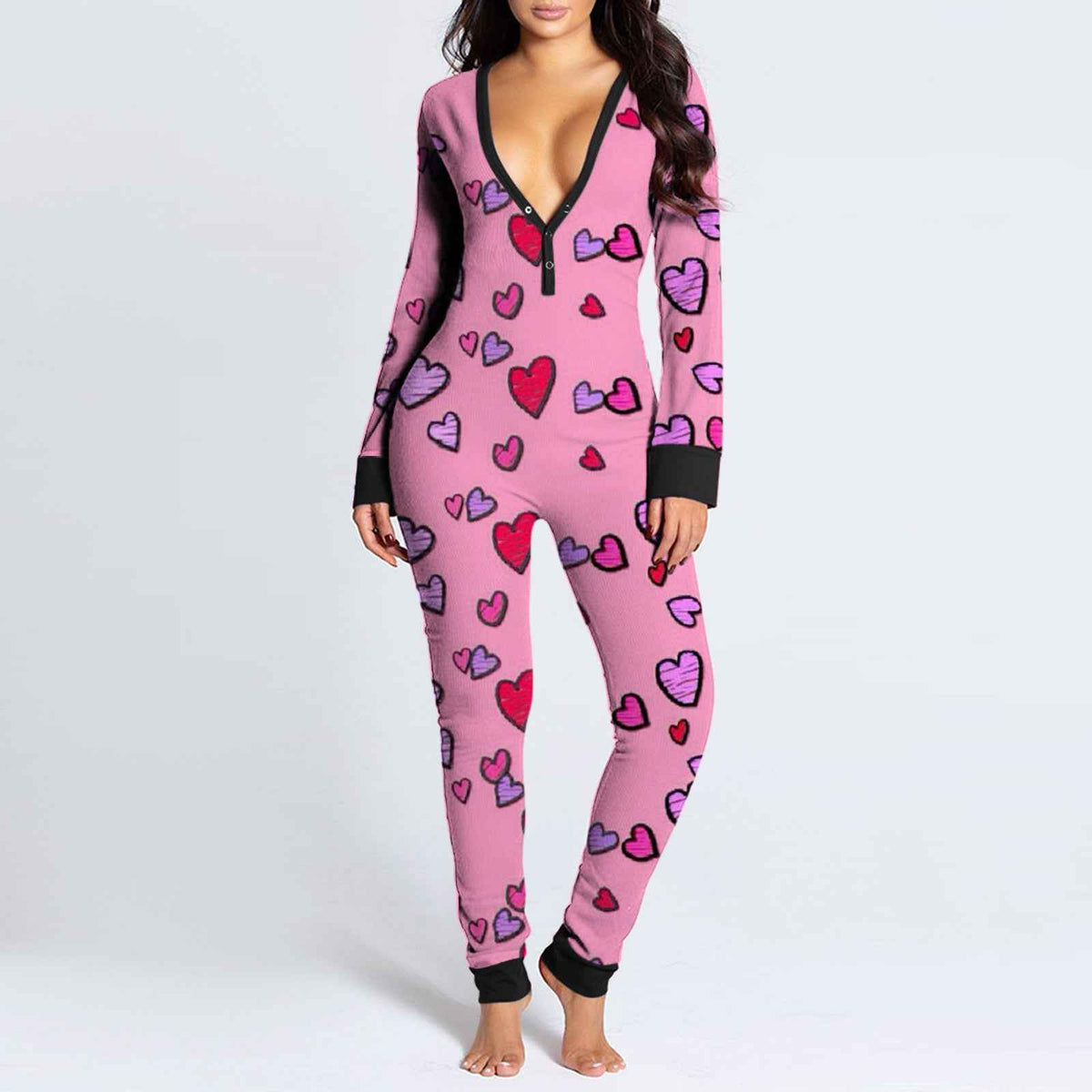 Sexy Women Pajamas Onesies Button-down Buttoned Flap Adults Pyjama Autumn Long Sleeve V-neck Jumpsuit Female Bodysuit Sleepwear