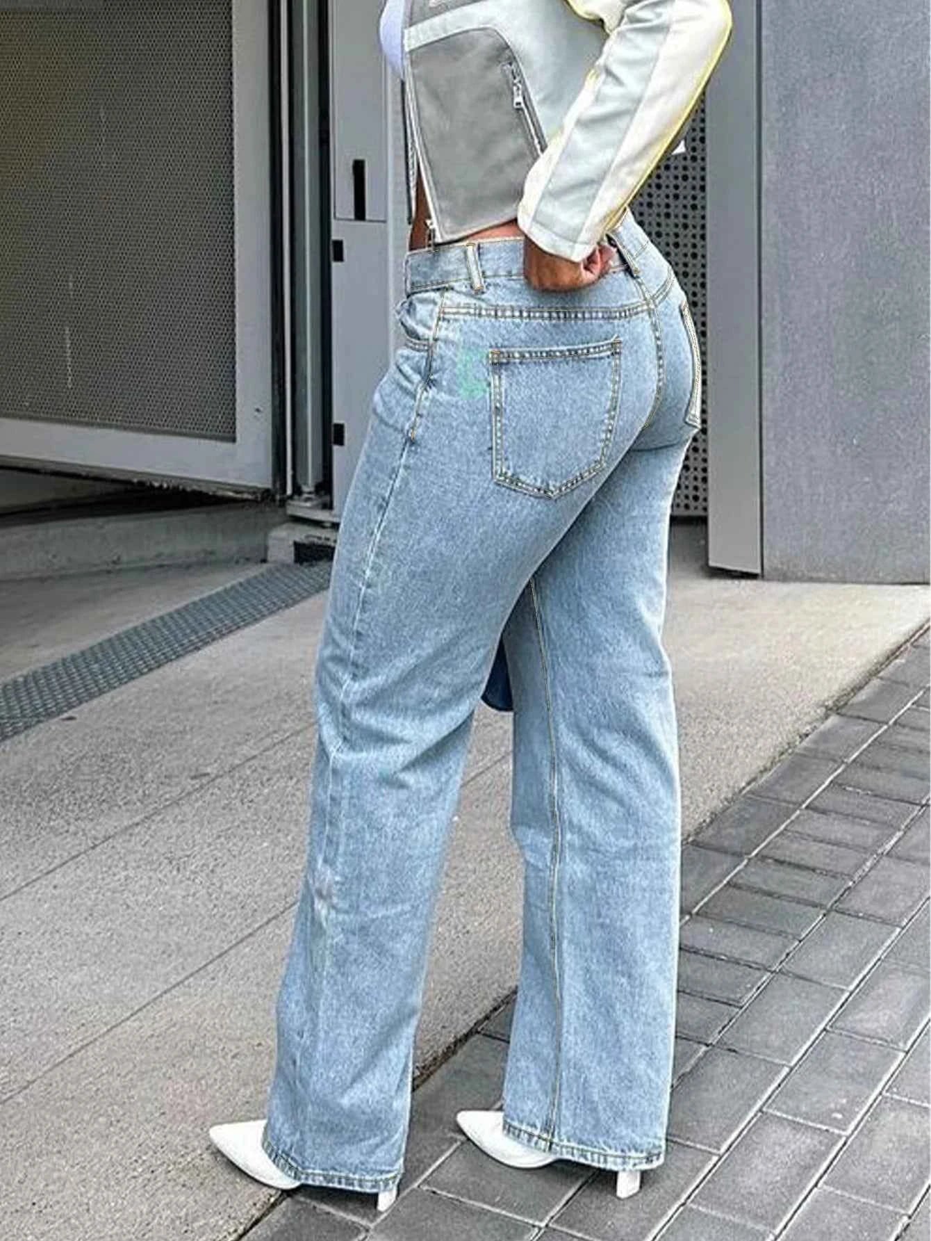 Free Shipping to USA -- Women's Mid Waist Jeans Straight Light Blue Denim Jeans Full Length Loose Stretchy Denim Jeans for Mom