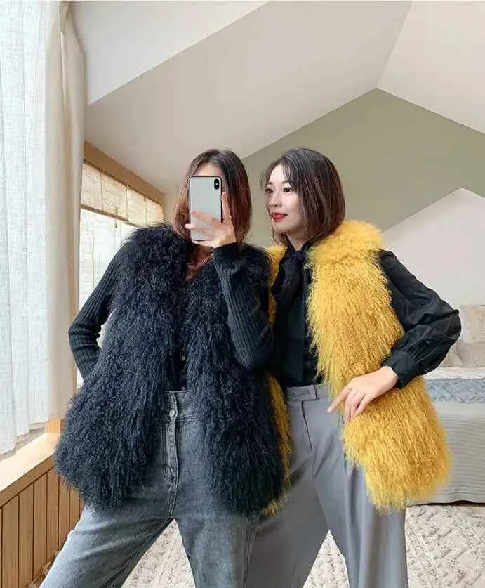 New Real Sheep Fur Vest 100% Natural Mongolia Fur Gilet Pure Long Fur Genuine Fur Oversize Vest ksr801