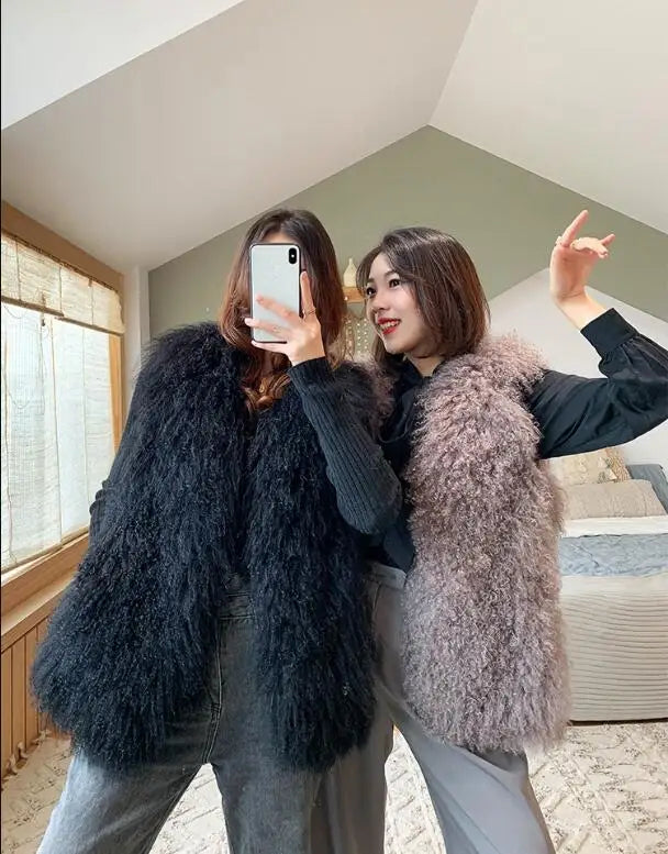 Real Mongolia Sheep Fur Vest - Natural Long Fur Gilet