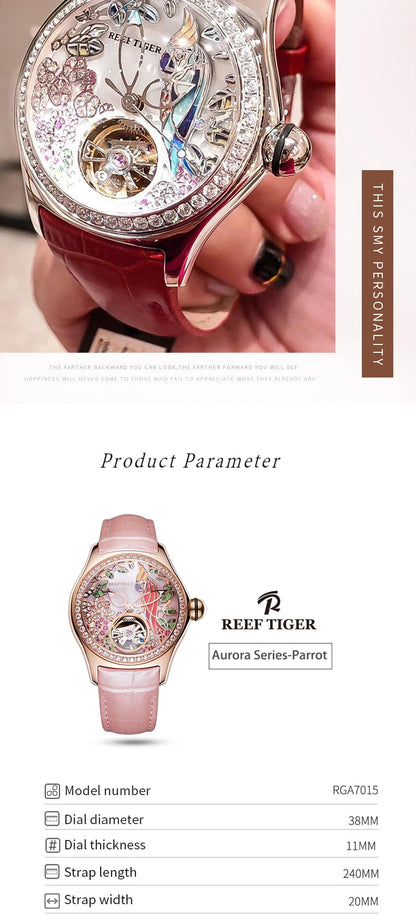 Reef Tiger/RT Womens Luxury Fashion Watches Diamond Automatic Tourbillon Watch Leather Strap Watch Relogio Feminino RGA7105 SS69