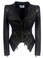 SX women 2019 spring autumn denim rivet punk Short Slim fit jacket motorcycle Windbreaker zipper outerwear SS69 72.69 Black PU / XS / CHINA