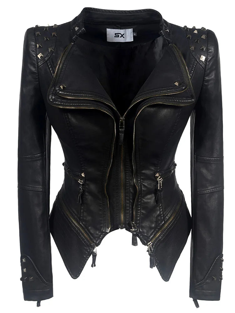 SX women 2019 spring autumn denim rivet punk Short Slim fit jacket motorcycle Windbreaker zipper outerwear SS69 72.69 Black PU / XS / CHINA
