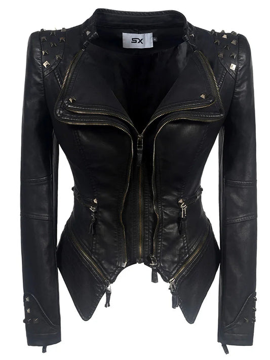 SX women 2019 spring autumn denim rivet punk Short Slim fit jacket motorcycle Windbreaker zipper outerwear SS69 72.69 Black PU / XS / CHINA