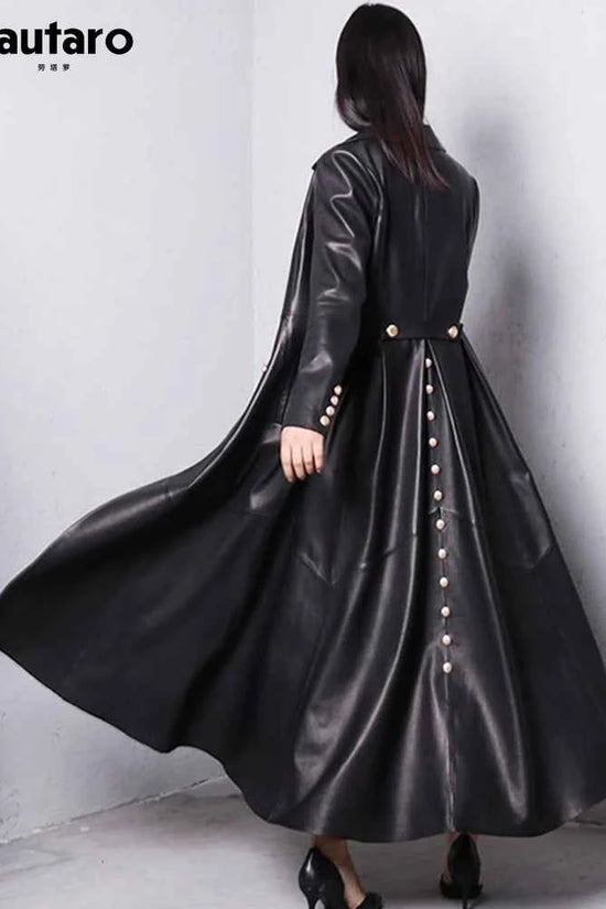 Lautaro Autumn Long Skirted Red Black Faux Leather Trench Coat for Women Double Breasted Elegant Luxury Fashion 4xl 5xl 6xl 7xl