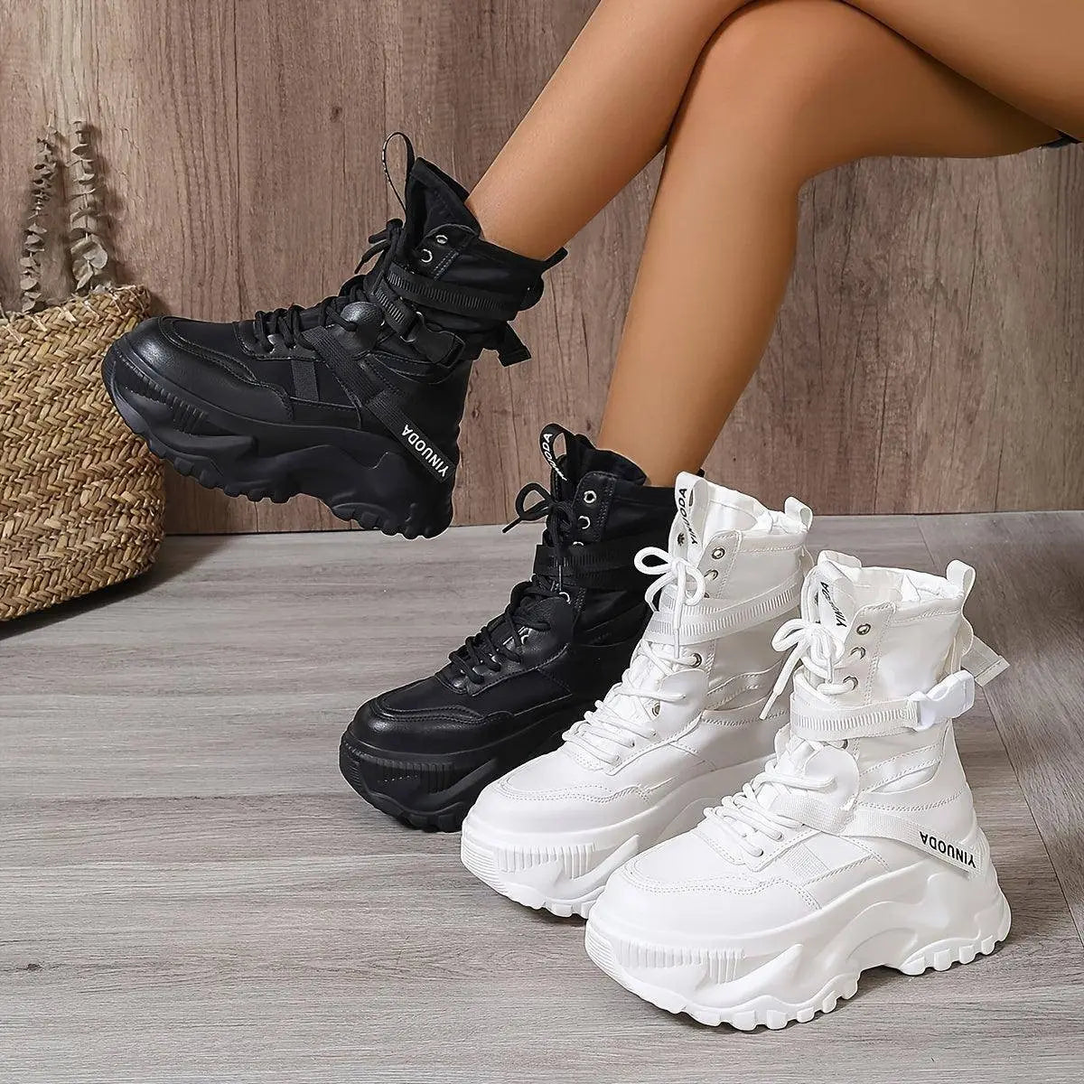 High-Top Fashion Sneakers for Women - Solid Color EVA Fabric Lace-Up Round Toe Casual Boots with Polyurethane Sole and Fabric Inner - Versatile All-Season Streetwear Shoes SS69