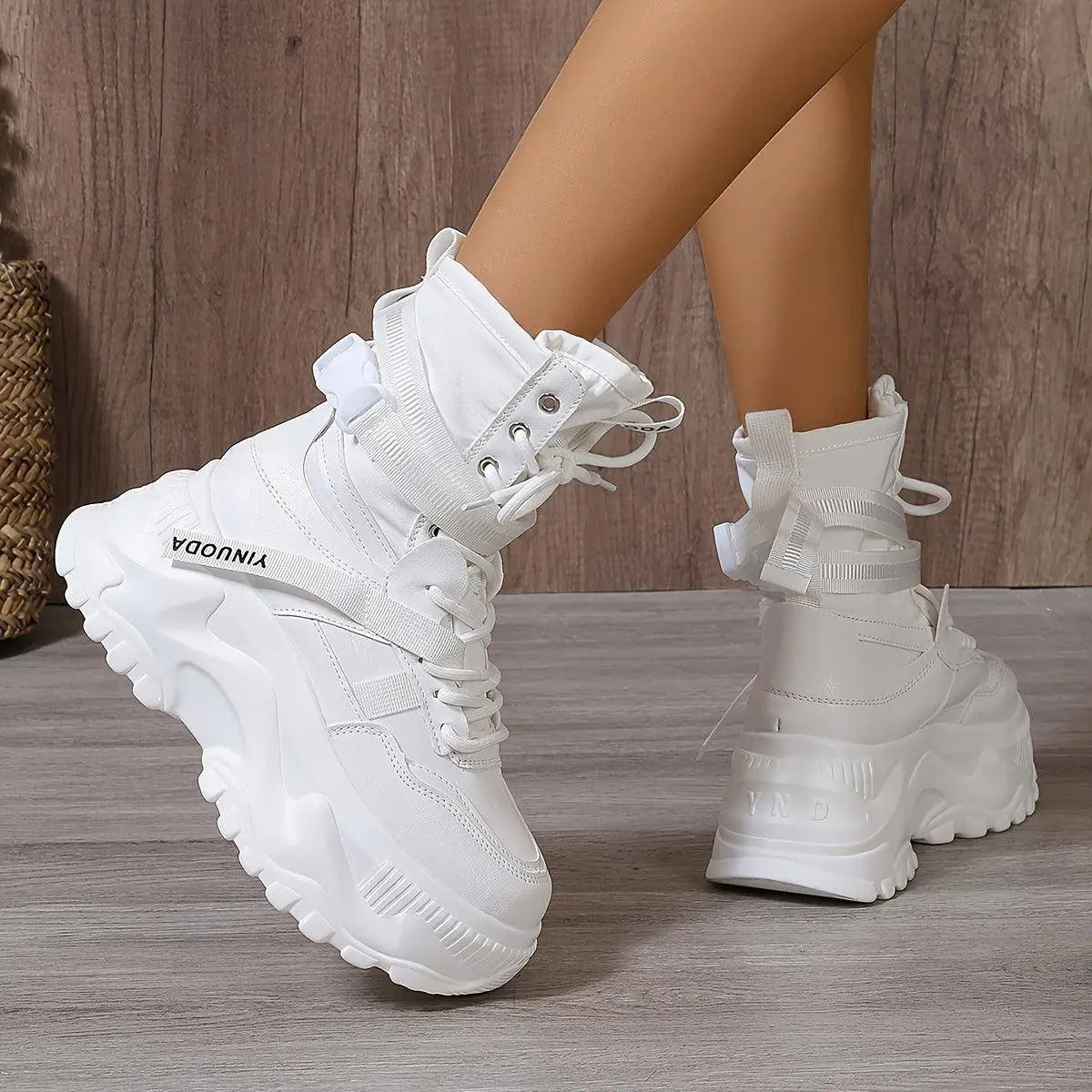 High-Top Fashion Sneakers for Women - Solid Color EVA Fabric Lace-Up Round Toe Casual Boots with Polyurethane Sole and Fabric Inner - Versatile All-Season Streetwear Shoes SS69