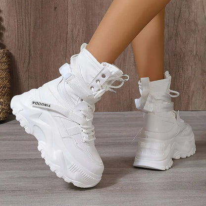 High-Top Fashion Sneakers for Women - Solid Color EVA Fabric Lace-Up Round Toe Casual Boots with Polyurethane Sole and Fabric Inner - Versatile All-Season Streetwear Shoes SS69