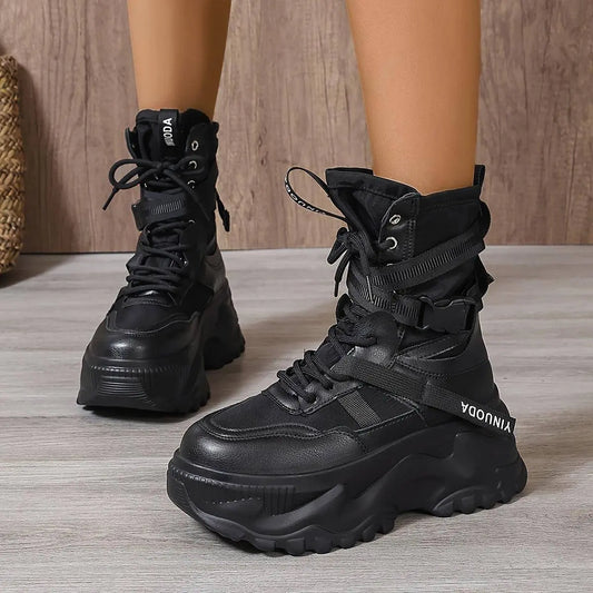 High-Top Fashion Sneakers for Women - Solid Color EVA Fabric Lace-Up Round Toe Casual Boots with Polyurethane Sole and Fabric Inner - Versatile All-Season Streetwear Shoes SS69