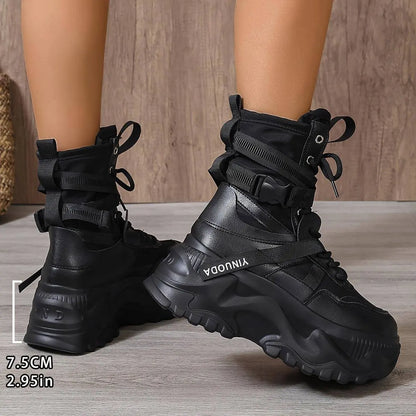 High-Top Fashion Sneakers for Women - Solid Color EVA Fabric Lace-Up Round Toe Casual Boots with Polyurethane Sole and Fabric Inner - Versatile All-Season Streetwear Shoes SS69