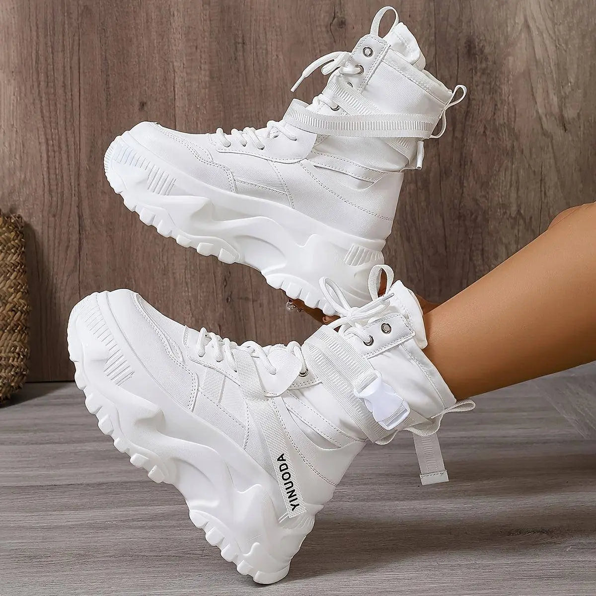 High-Top Fashion Sneakers for Women - Solid Color EVA Fabric Lace-Up Round Toe Casual Boots with Polyurethane Sole and Fabric Inner - Versatile All-Season Streetwear Shoes SS69