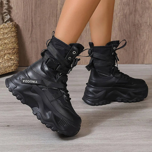 High-Top Fashion Sneakers for Women - Solid Color EVA Fabric Lace-Up Round Toe Casual Boots with Polyurethane Sole and Fabric Inner - Versatile All-Season Streetwear Shoes SS69