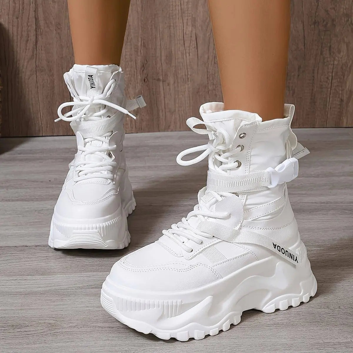 High-Top Fashion Sneakers for Women - Solid Color EVA Fabric Lace-Up Round Toe Casual Boots with Polyurethane Sole and Fabric Inner - Versatile All-Season Streetwear Shoes SS69