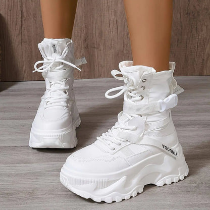 High-Top Fashion Sneakers for Women - Solid Color EVA Fabric Lace-Up Round Toe Casual Boots with Polyurethane Sole and Fabric Inner - Versatile All-Season Streetwear Shoes SS69