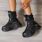 High-Top Fashion Sneakers for Women - Solid Color EVA Fabric Lace-Up Round Toe Casual Boots with Polyurethane Sole and Fabric Inner - Versatile All-Season Streetwear Shoes SS69