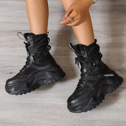 High-Top Fashion Sneakers for Women - Solid Color EVA Fabric Lace-Up Round Toe Casual Boots with Polyurethane Sole and Fabric Inner - Versatile All-Season Streetwear Shoes SS69