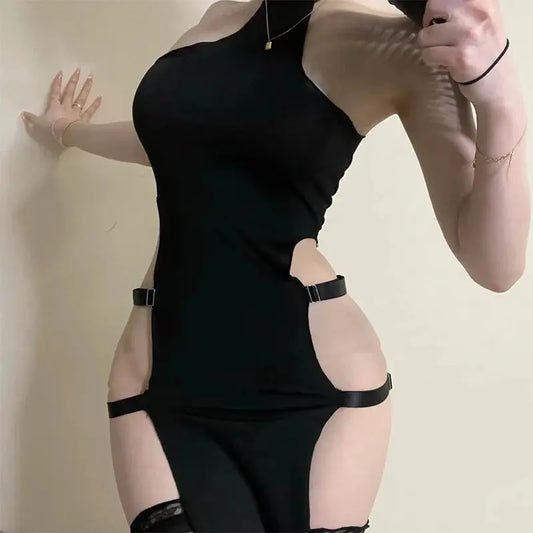 Hollow Out Anime Cosplay Costume Women Erotic Halloween Demon Cosplay PU Leather Lingerie Embroidery Print Cheongsam Long Dress SS69