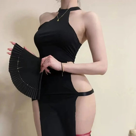 Hollow Out Anime Cosplay Costume Women Erotic Halloween Demon Cosplay PU Leather Lingerie Embroidery Print Cheongsam Long Dress SS69