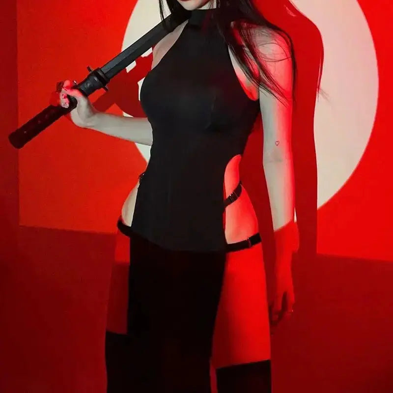 Hollow Out Anime Cosplay Costume Women Erotic Halloween Demon Cosplay PU Leather Lingerie Embroidery Print Cheongsam Long Dress SS69