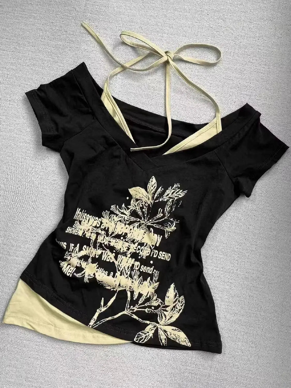 Hot American Strappy Letter Print T-Shirt Millennial Fashion Street Trend Casual Y2K Top - SS69