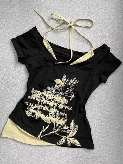 Hot American Strappy Letter Print T-Shirt Millennial Fashion Street Trend Casual Y2K Top - SS69