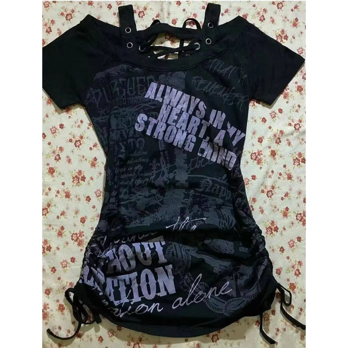 Hot American Strappy Letter Print T-Shirt Millennial Fashion Street Trend Casual Y2K Top - SS69