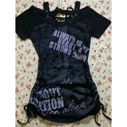 Hot American Strappy Letter Print T-Shirt Millennial Fashion Street Trend Casual Y2K Top - SS69