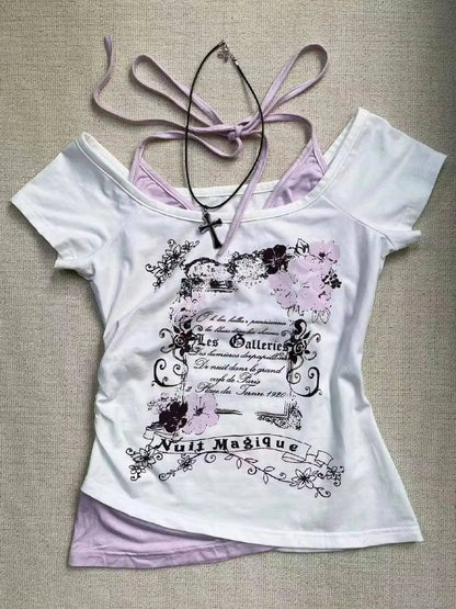 Hot American Strappy Letter Print T-Shirt Millennial Fashion Street Trend Casual Y2K Top - SS69