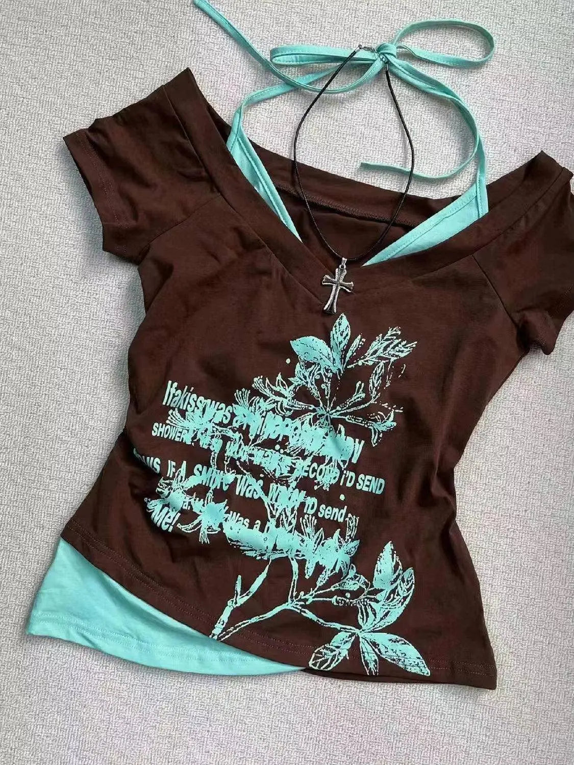 Hot American Strappy Letter Print T-Shirt Millennial Fashion Street Trend Casual Y2K Top - SS69