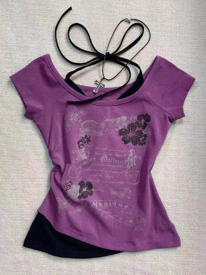 Hot American Strappy Letter Print T-Shirt Millennial Fashion Street Trend Casual Y2K Top - SS69