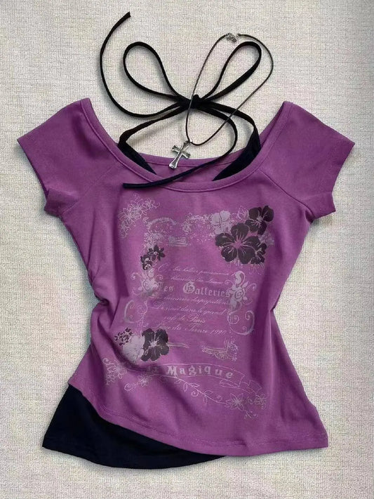 Hot American Strappy Letter Print T-Shirt Millennial Fashion Street Trend Casual Y2K Top - SS69