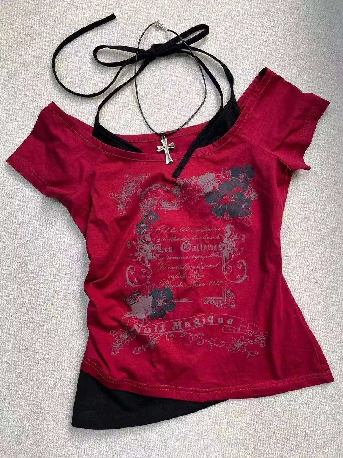 Hot American Strappy Letter Print T-Shirt Millennial Fashion Street Trend Casual Y2K Top - SS69