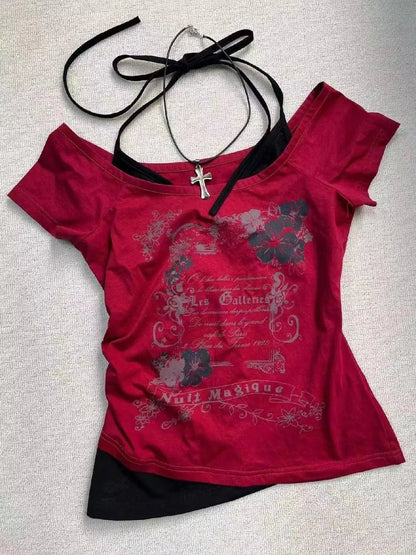 Hot American Strappy Letter Print T-Shirt Millennial Fashion Street Trend Casual Y2K Top - SS69