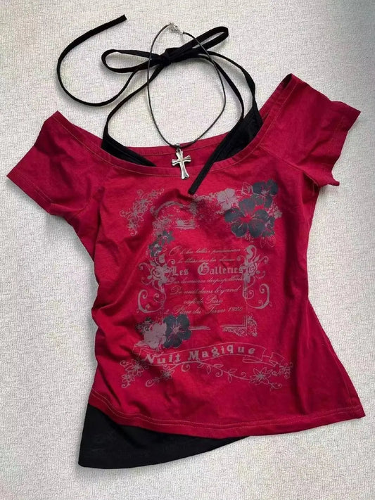 Hot American Strappy Letter Print T-Shirt Millennial Fashion Street Trend Casual Y2K Top - SS69