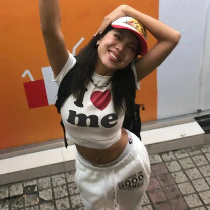I Love ME letters Print Y2K Harajuku Crop Top T-shirt Summer Women clothes Sexy T-shirt Vintage 2000s short sleeve Crop Tops SS69