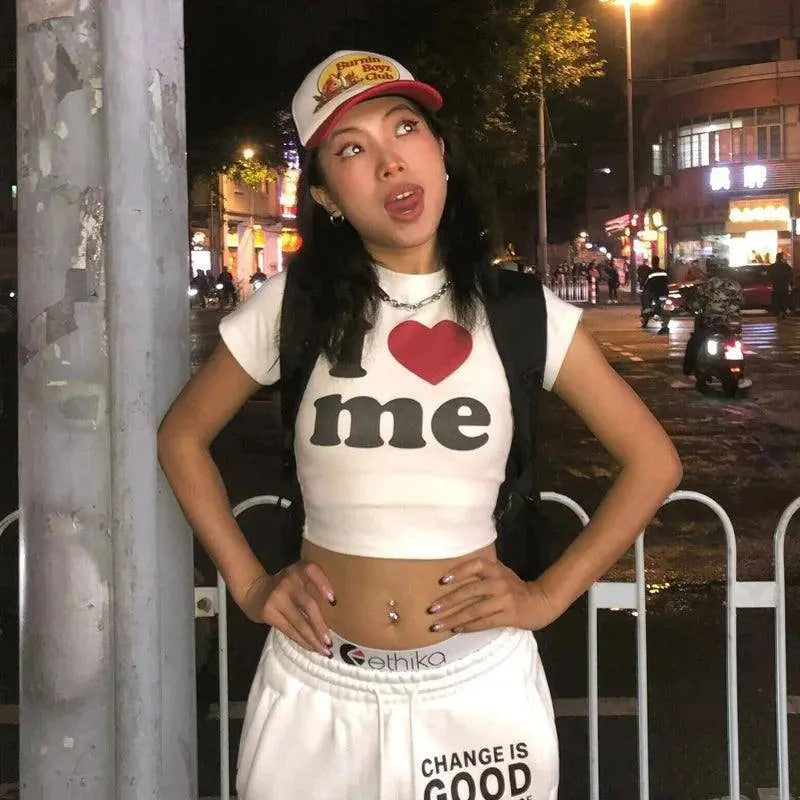 I Love ME letters Print Y2K Harajuku Crop Top T-shirt Summer Women clothes Sexy T-shirt Vintage 2000s short sleeve Crop Tops SS69