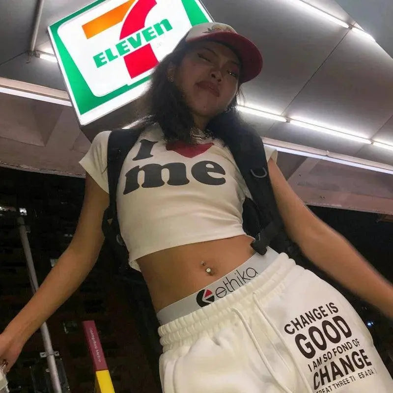 I Love ME letters Print Y2K Harajuku Crop Top T-shirt Summer Women clothes Sexy T-shirt Vintage 2000s short sleeve Crop Tops SS69