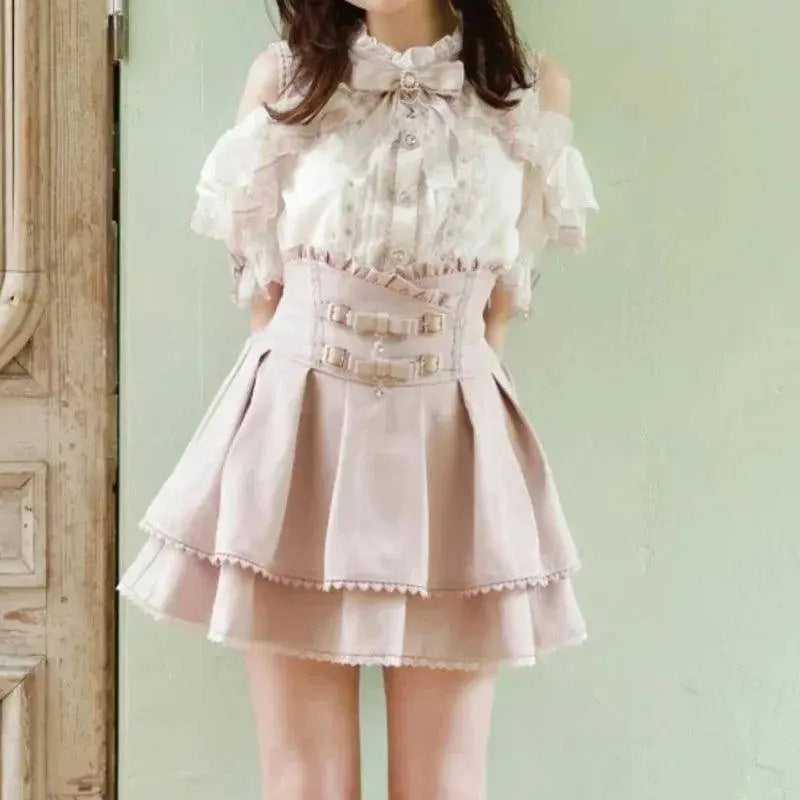 Japan Style High Waist Pleated Mini Skirts Bow Knot Design Mini Skirts Kawaii Slim Fit A-line Skirts Pink Lace Skirts For Women SS69