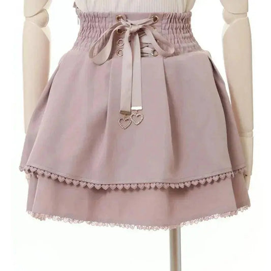 Japan Style High Waist Pleated Mini Skirts Bow Knot Design Mini Skirts Kawaii Slim Fit A-line Skirts Pink Lace Skirts For Women SS69