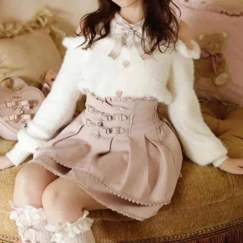 Japan Style High Waist Pleated Mini Skirts Bow Knot Design Mini Skirts Kawaii Slim Fit A-line Skirts Pink Lace Skirts For Women SS69