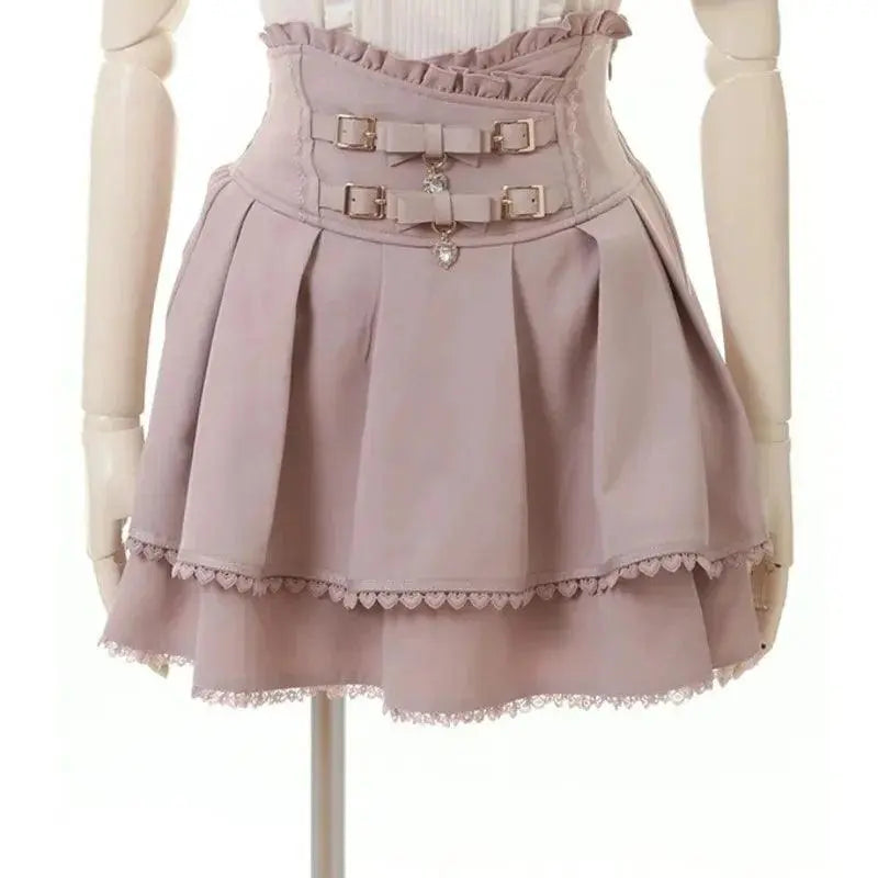 Japan Style High Waist Pleated Mini Skirts Bow Knot Design Mini Skirts Kawaii Slim Fit A-line Skirts Pink Lace Skirts For Women SS69